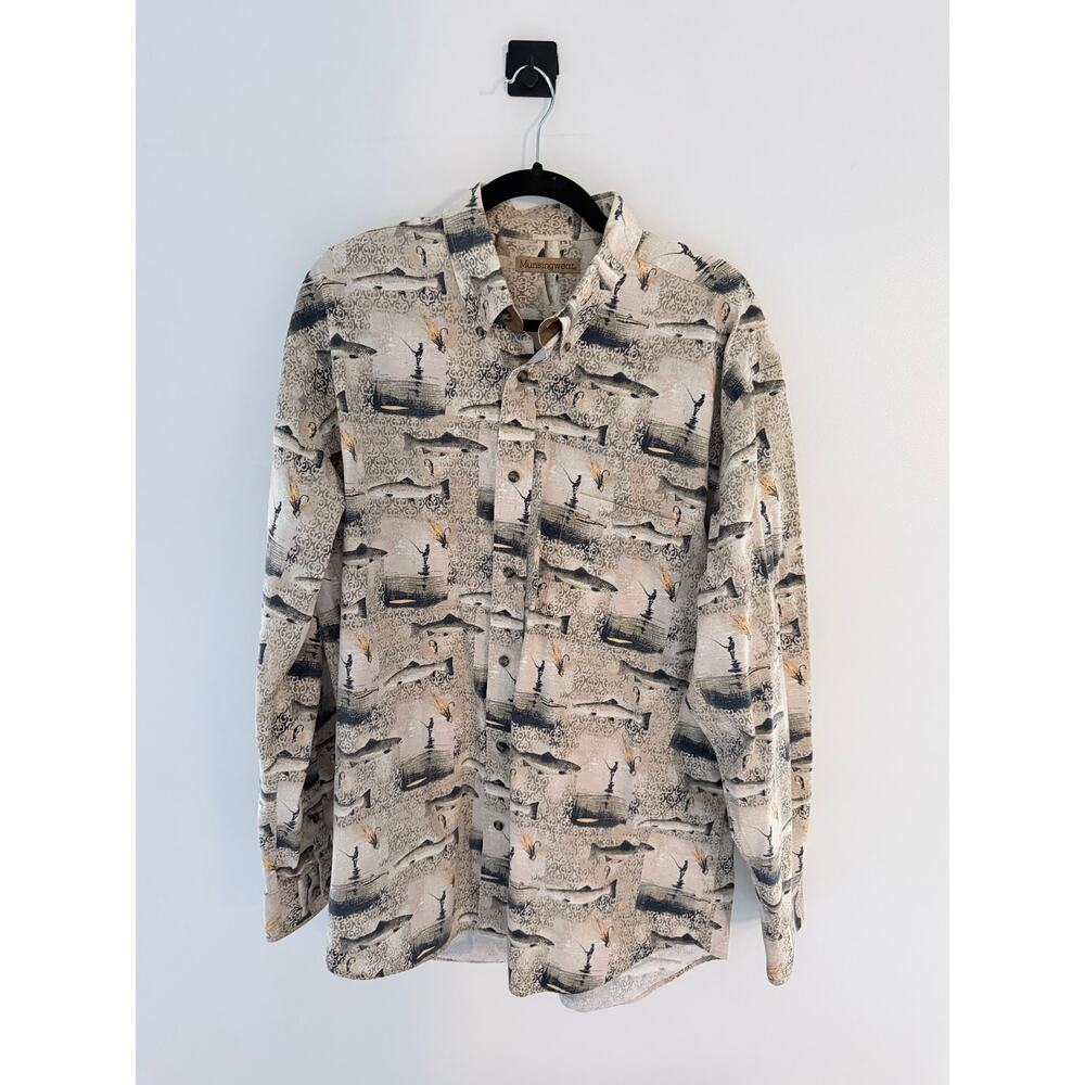 Munsingwear fishing button-up shirt fish and fishing rods Size XLT